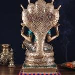 Pure Brass Lord Vishnu Under Sheshanaaga | 11" x 8" x 7" (28 x 20.3 x 17.8 cm) | 9.5 kg Stonework Art | Divine Throne Sacred Murti